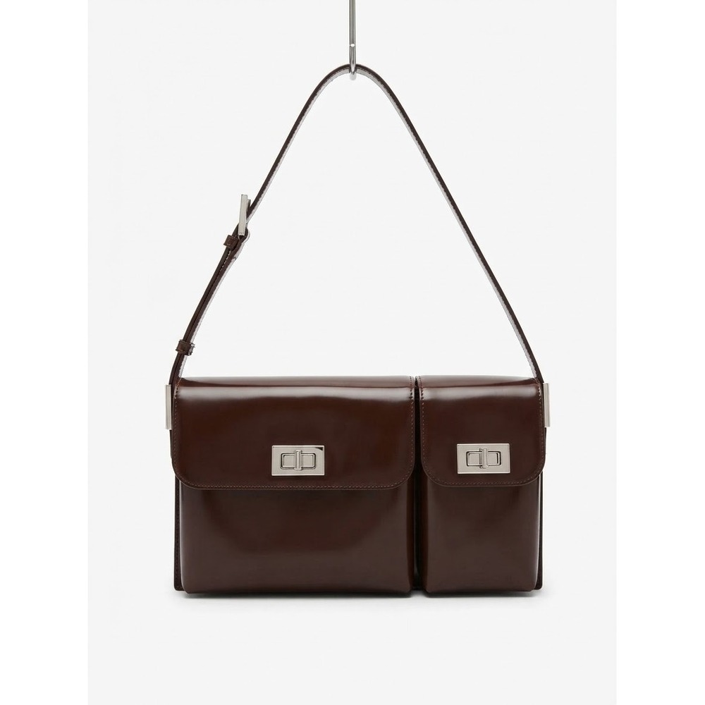 By FAR Billy Shoulder Bag Women Small Brown Glossy Leather Multi Pocket Exc